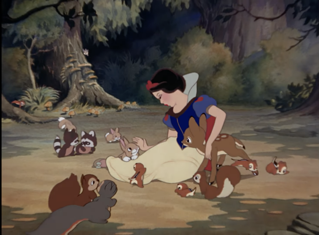 Snow White surrounded by woodland critters, Snow White and the Seven Dwarfs, Disney 1937